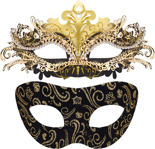 SIQUK Couple Masquerade Masks Metal Venetian Party Mask Halloween Costume Mask Mardi Gras Mask for Couples Women and Men