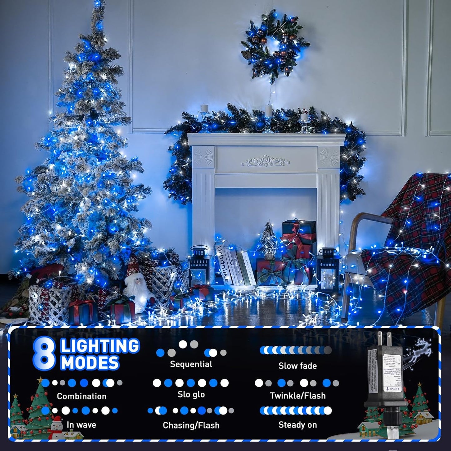 JMEXSUSS Blue and White String Lights Outdoor Indoor, 200 LED Christmas String Lights Clear Wire, 66ft Christmas Lights Plug in for Bedroom Tree Room Party Decorations