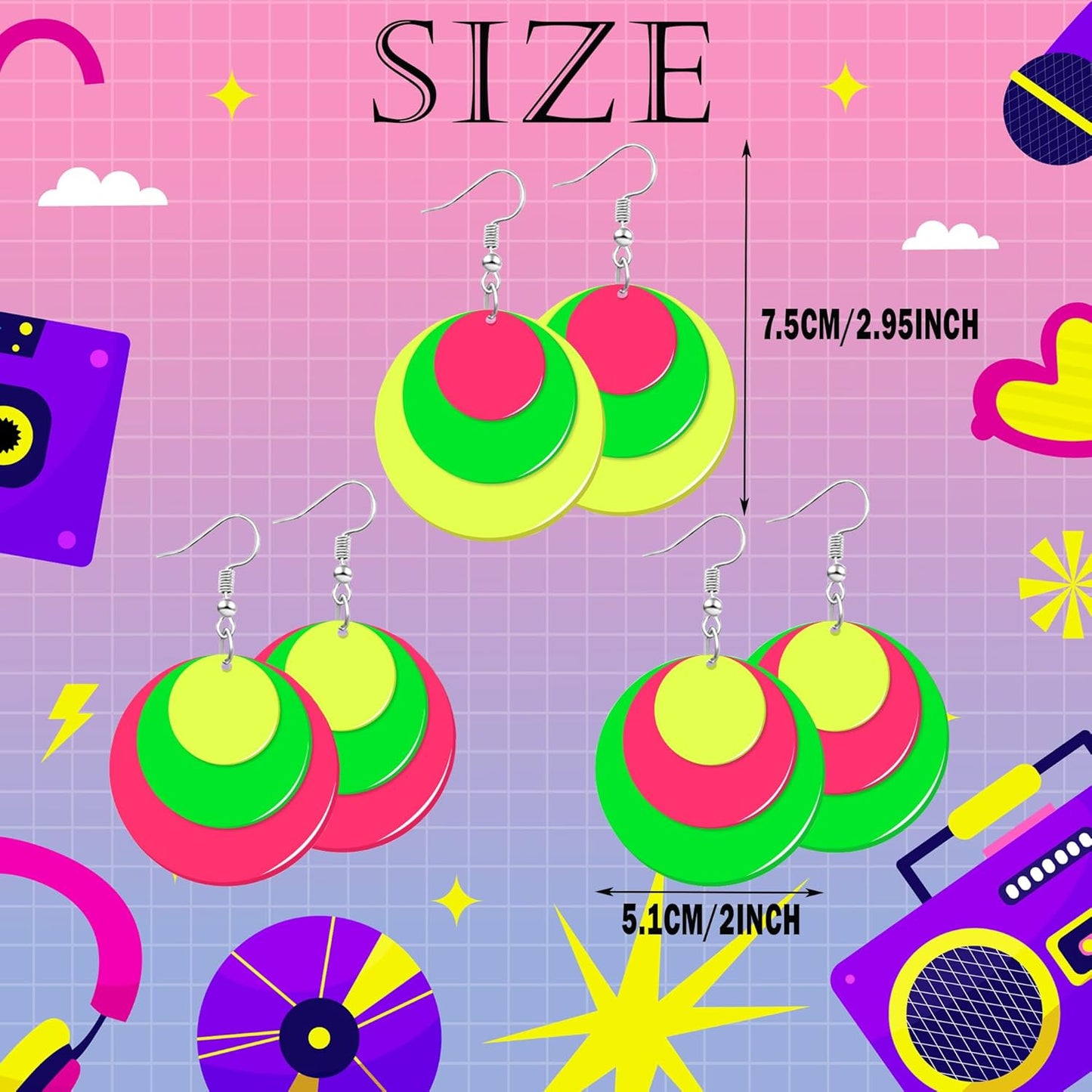 80s 90s Neon Earrings for Women Retro Cassette Tape Hoop Earring Candy Color Lightweight Acrylic Stud Dangle Earrings for 80S Costume Outfits Dancing Glow Party Accessories