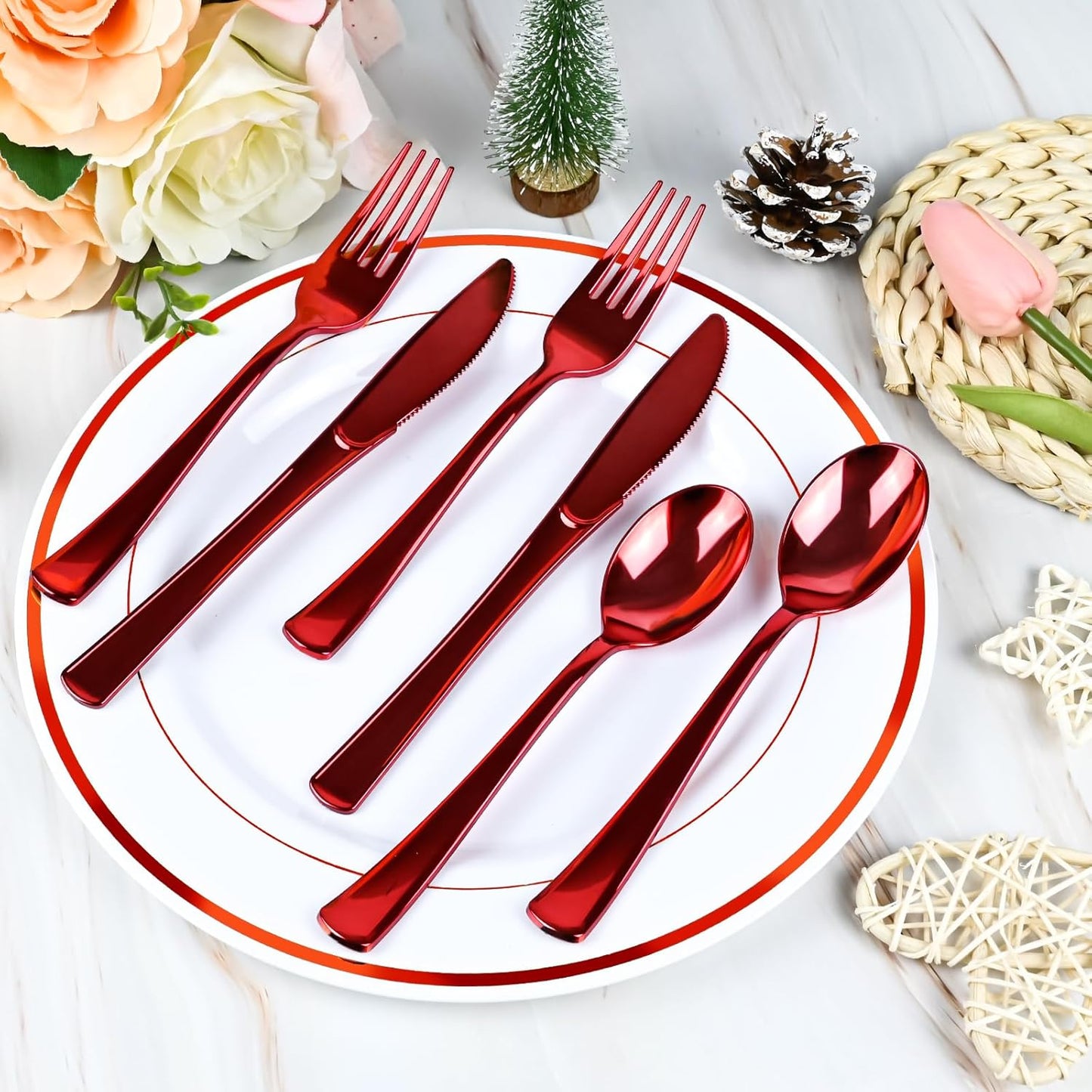 60Pack Red Pre Rolled Plastic Silverware - Wrapped Red Disposable Cutlery with Napkins, Heavy Duty Rolled Plastic Silverware Set, Disposable Utensils with Dinner Napkins for Party