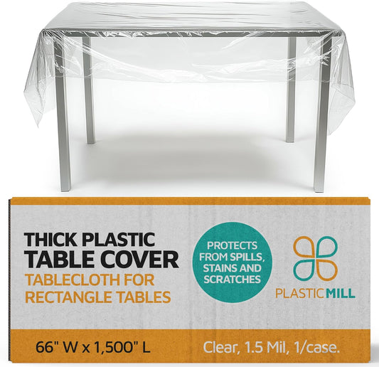 PlasticMill Clear Plastic Table Cover - Clear Plastic Table Cloth - Dining Table Protector Cover - Tablecloth for Rectangle Tables, 1.5 Mil, 66" W x 1,500" L (1-Pack)
