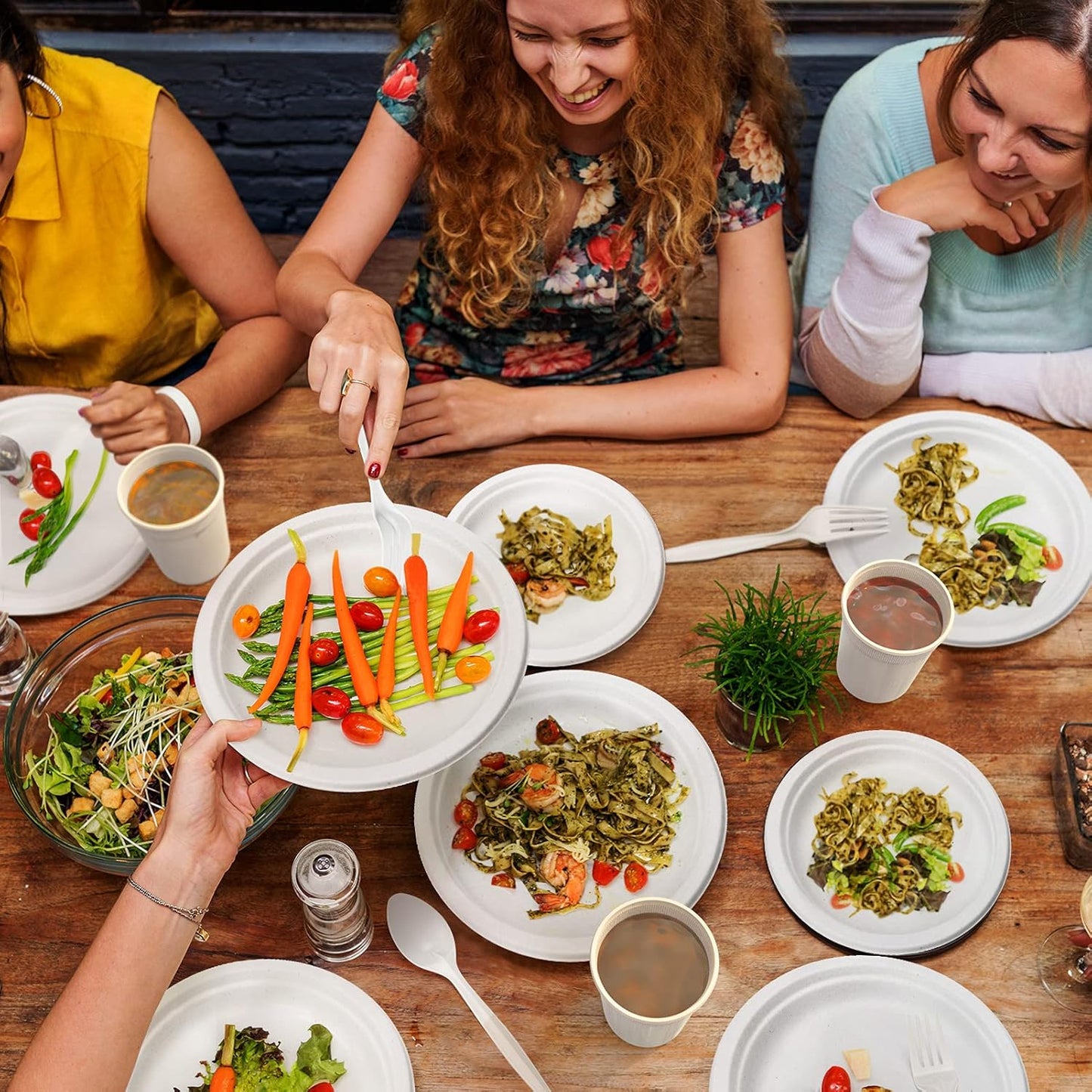 Compostable Paper Plates 350pcs Disposable Plates for Wedding Party Eco-friendly Sugarcane Plates Biodegradable Cutlery Forks Knives Spoons Cups and Straws for 50 People