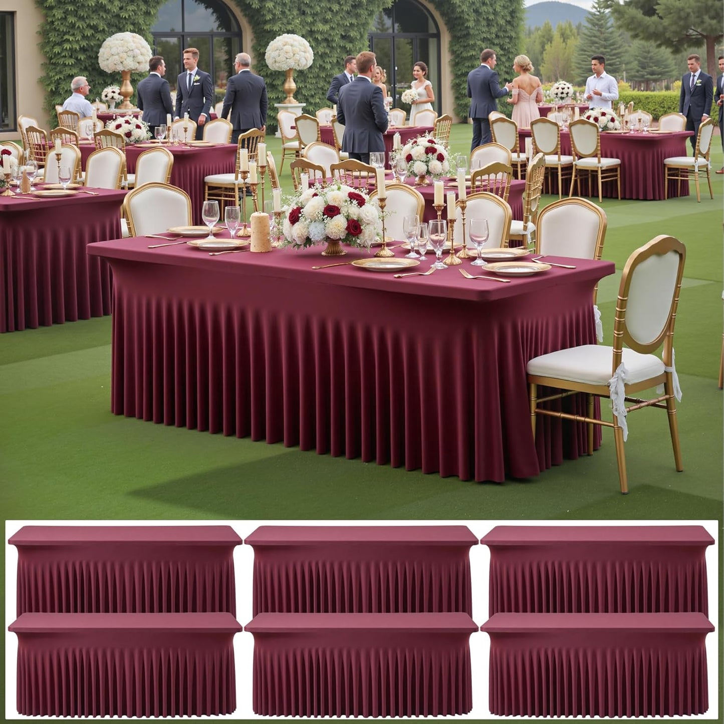6 pk Burgundy Spandex Tablecloth 6ft with Ruffled Tables,Wrinkle Free High-Stretch Fitted Table Cloths for 6 Foot Rectangle Tables,Elastic Maroon Spandex Table Covers 6 ft for Weddings Banquet Dinning