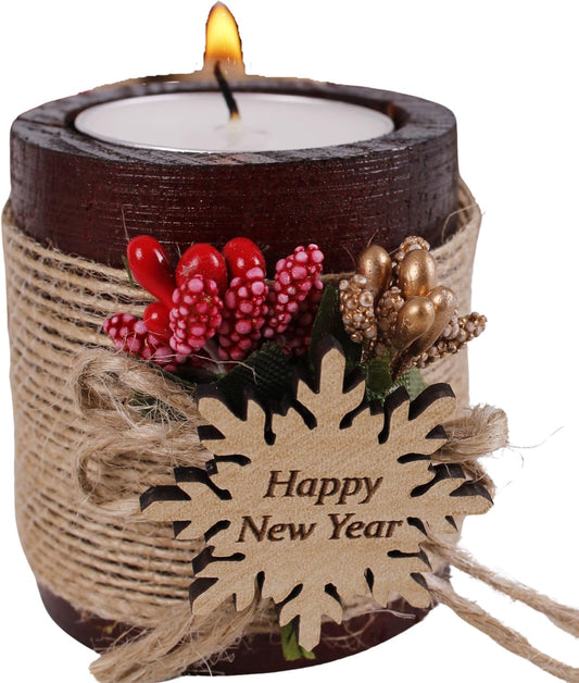 HTF Pack of 10 Christmas Decorations Wood Tealight Candle Holder, Coworker Gift, Happy, New Year, Christmas Candles, Noel Xmas Decoration (CH-Snowflake, Dark Brown)
