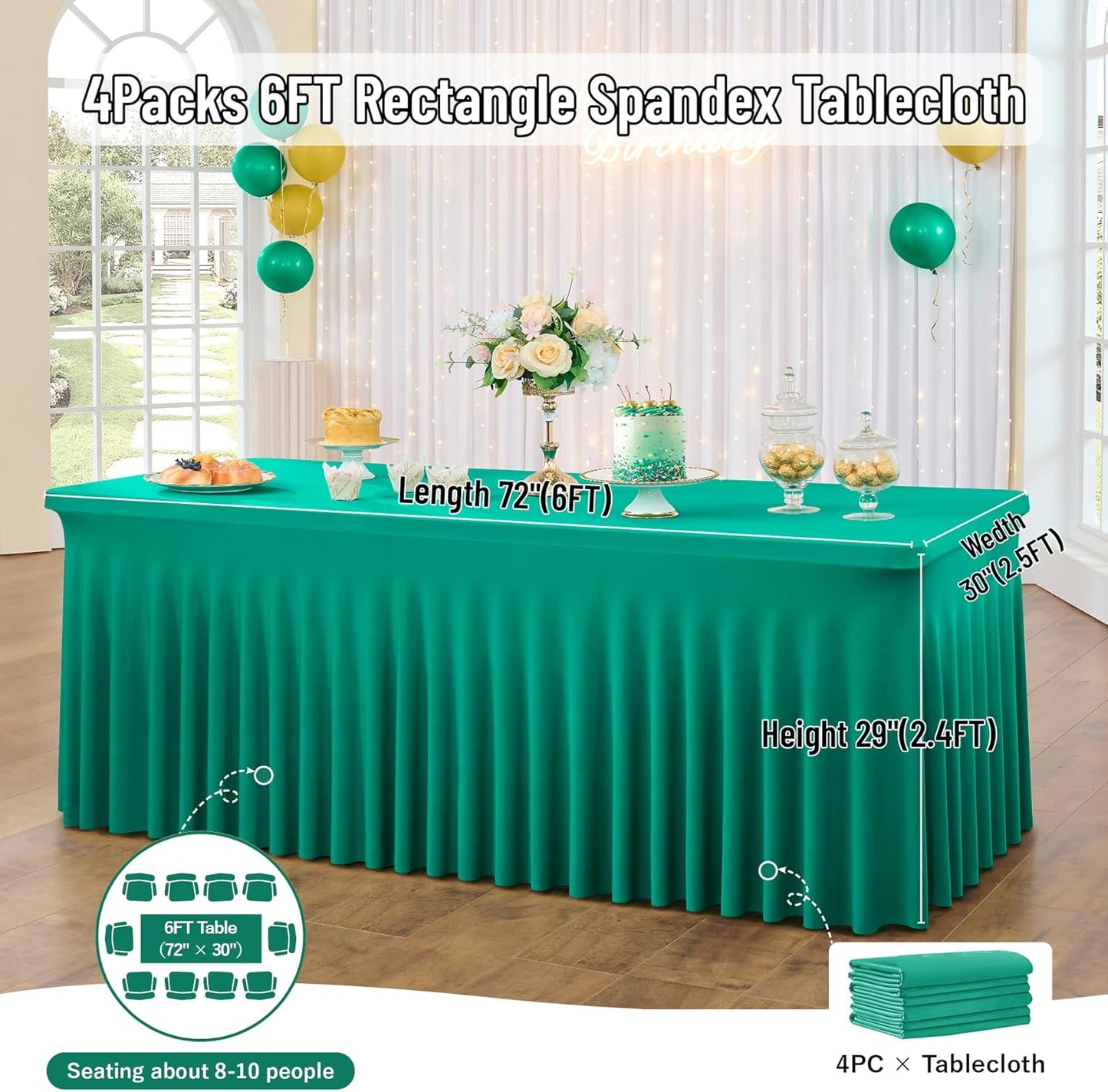 leegleri 4 Pack Emerald Spandex Table Clothes for 6 Foot Rectangle Tables, Wrinkle Free Fitted Table Cover 6ft Stretch Tablecloths with Skirt for Parties Weddings Birthday Banquet Baby Shower