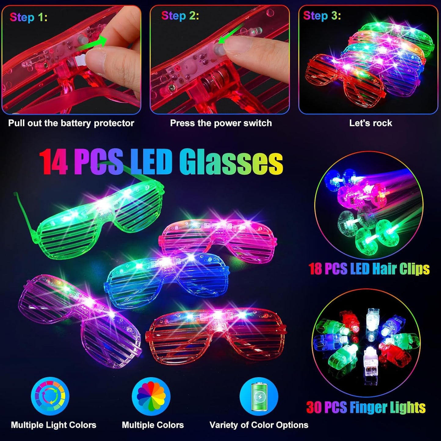 158 PCS Glow in the Dark Party Supplies, 14PCS LED Glasses, 30LED Finger Lights, 14LED Light Hairs and 100PCS Glow Sticks Bracelets, Neon Party Favors for New Year, Wedding,Concert, Birthday