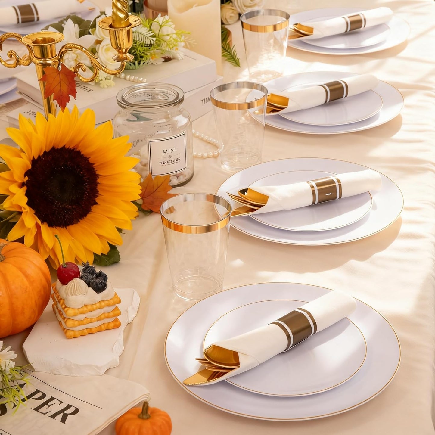 KIRE 350 PCS White and Gold Plates Disposable - Elegant Dinnerware Set of 50 Guest, White Plastic Plates With Gold Rim, Pre Rolled Napkins with Silverware & Cups for Thanksgiving Party/Wedding