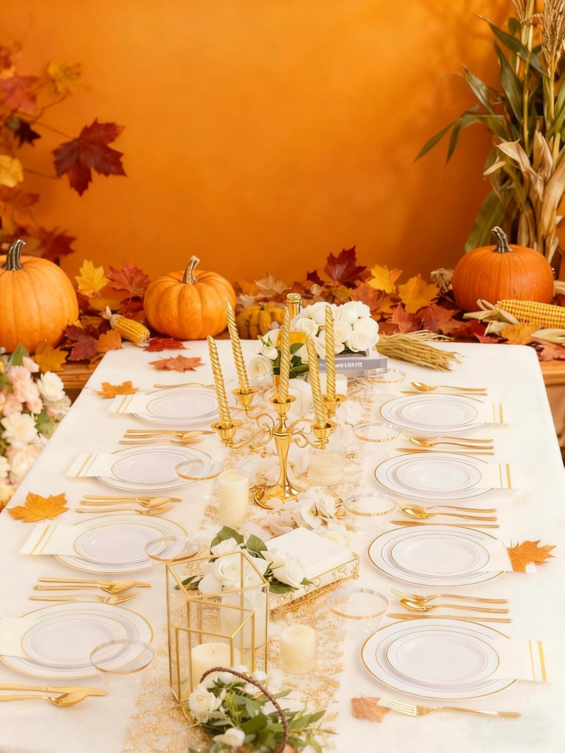 GATHER 700PCS Gold Plastic Plates - Whtie and Gold Disposable Dinnerware Sets 100Guest - 200 Disposable Plate, 300 Plastic Silverware, 100 Cups, 100 Napkins for Wedding & Party & Thanksgiving