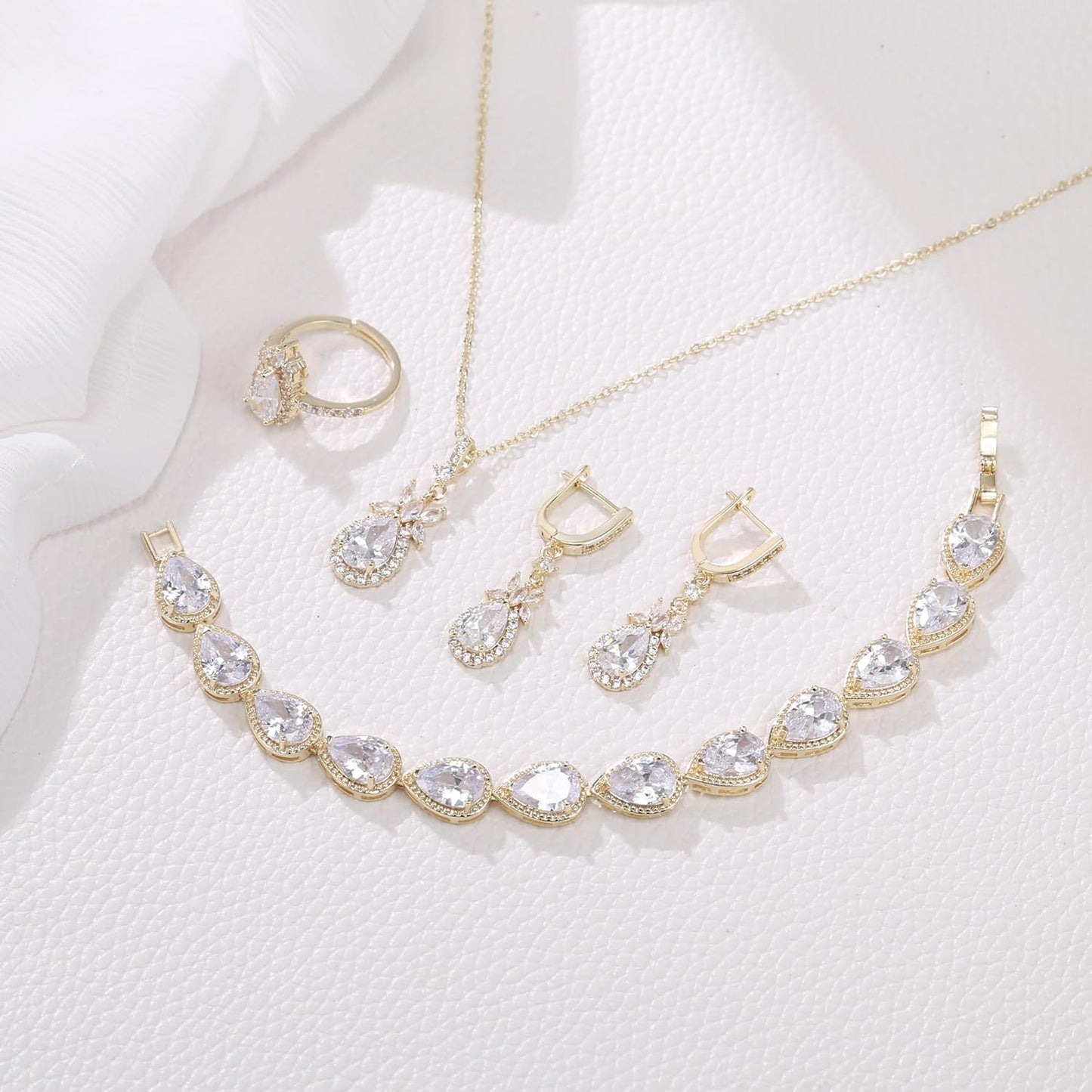 EleQueen Water Drop Pendant Necklace Long Dangle Earrings Tennis Bracelet Set, Sparkle Cubic Zirconia Teardrop Wedding Jewelry Sets for Bride Bridesmaid