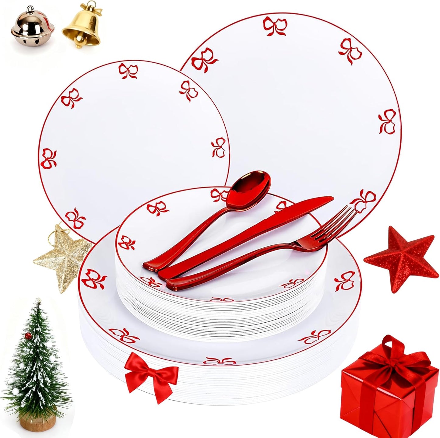 125PCS Red Bow Plastic Plates - White and Red Rim Disposable Plates - 50 Elegant Plates with Bowknot Patterns, 25 Forks, 25 Spoons, 25 Knives for Birthday & Christmas Party