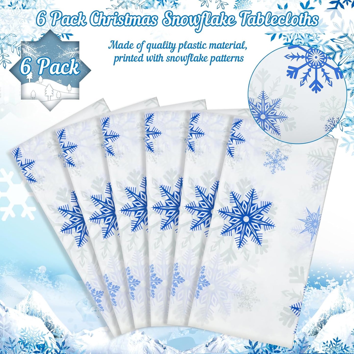6 Pack Christmas Snowflake Plastic Tablecloth, 54 x 108Inch White and Blue Snowflake Table Cloth Disposable Waterproof Winter Snowflakes Table Cover for Winter Holiday New Year Party Supplies Decor