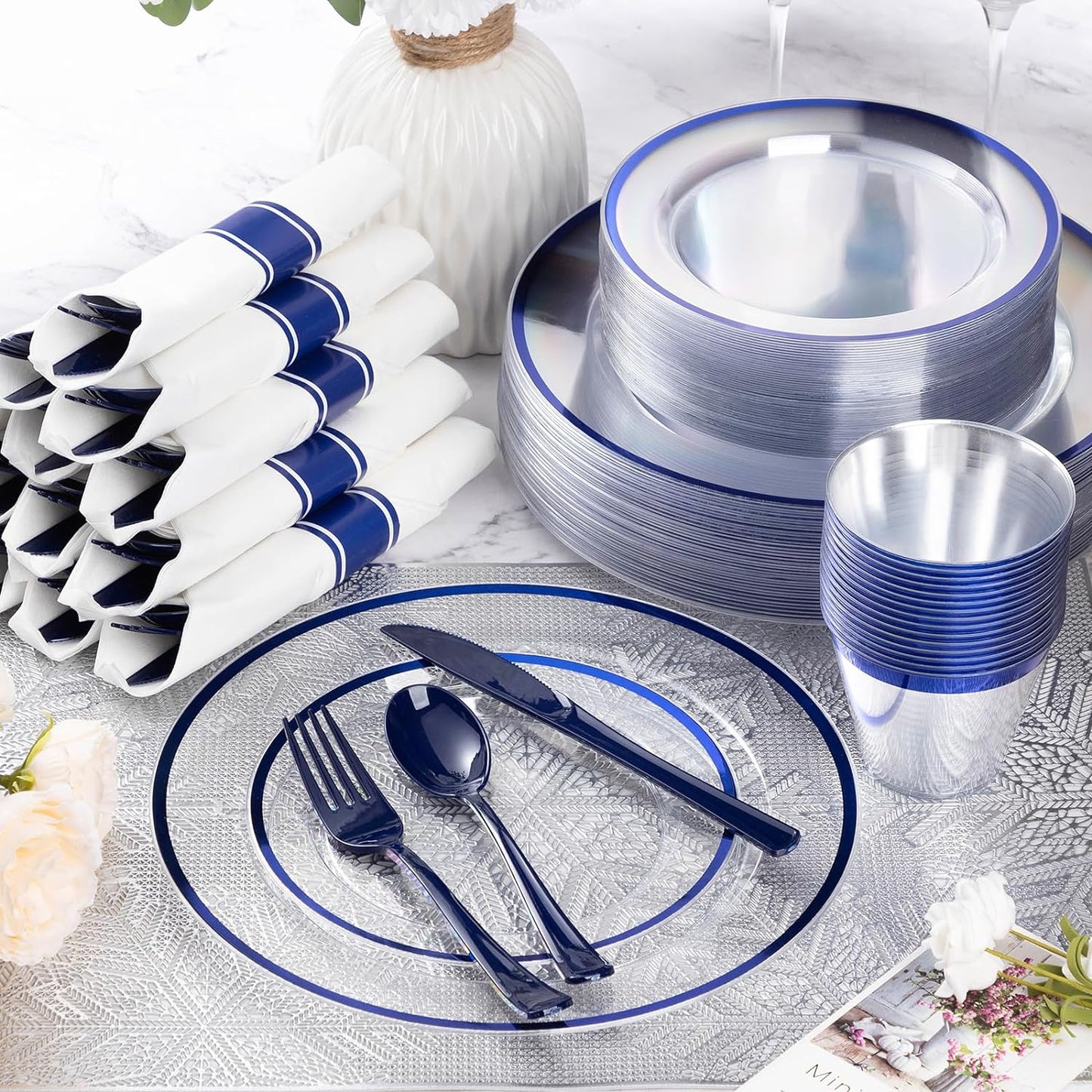 Goodluck 175 Piece Dark Blue Plastic Dinnerware Set for Party, Clear Disposable Plates for 25 Guests, Include: 25 Dinner Plates, 25 Dessert Plates, 25 Pre Rolled Napkins with Cutlery Set, 25 Cups