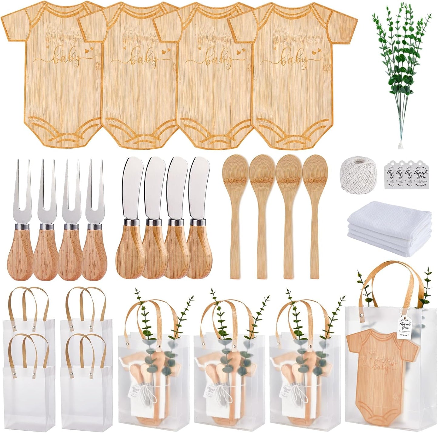 Baby Shower Prizes for Game Winners Bodysuit Shaped Cheese Board Gift with Spoons Butter Spreaders Gift Bags Kitchen Towels Bridal Shower Party Favors for Guests (Bodysuit Shaped, 4 Sets)