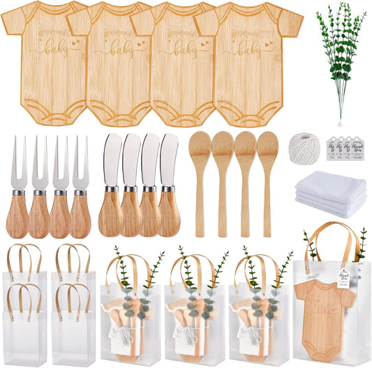 Baby Shower Prizes for Game Winners Bodysuit Shaped Cheese Board Gift with Spoons Butter Spreaders Gift Bags Kitchen Towels Bridal Shower Party Favors for Guests (Bodysuit Shaped, 4 Sets)