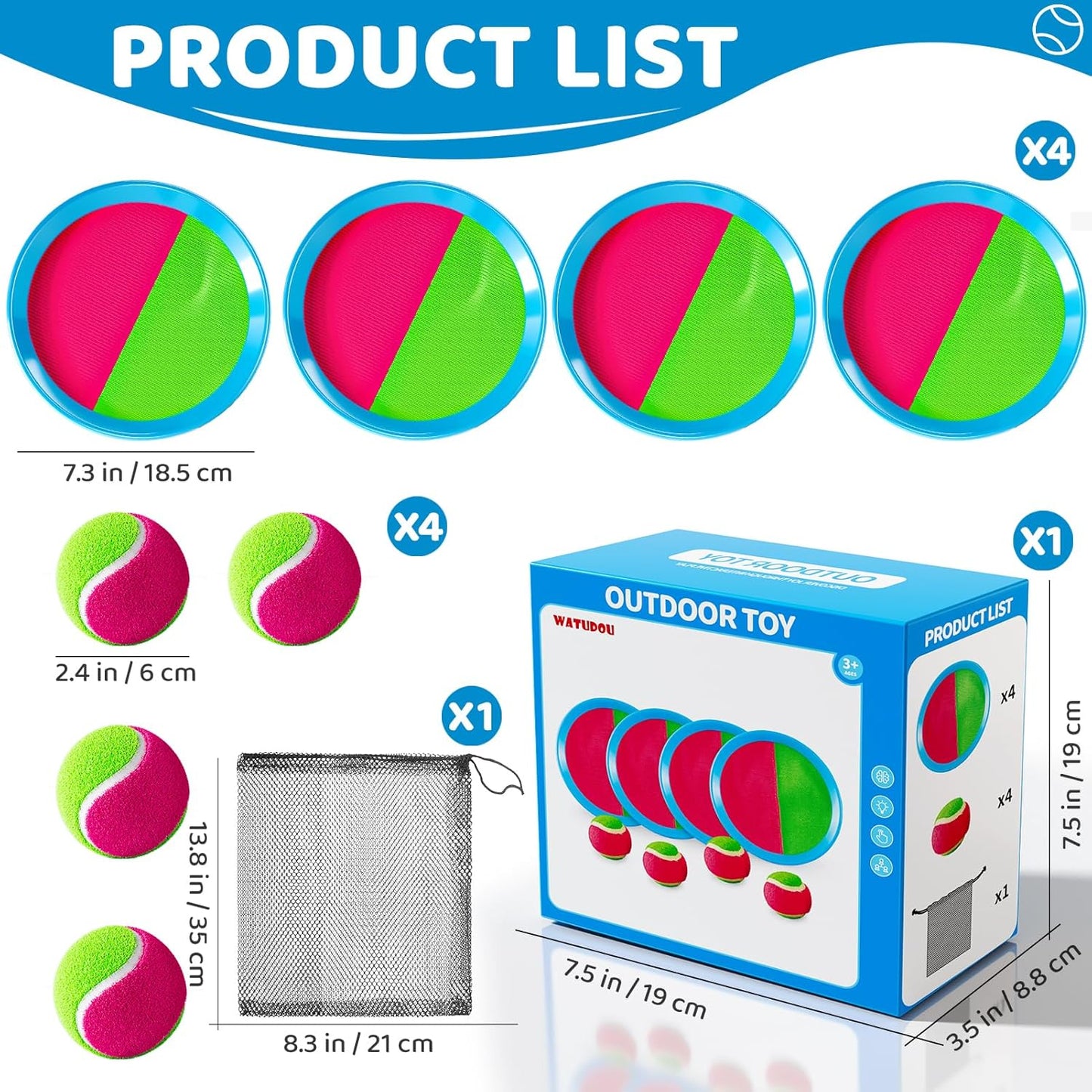 Toss and Catch Ball Game Set, Beach Outdoor Toys for Kids Boys with Paddle, Balls and Storage Bag, Yard Backyard Outside Indoor Toys Games Gifts for Kids Boys Girls Ages 3 4 5 6 7 8 9 10