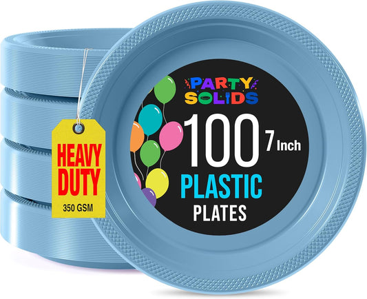 Exquisite Party Solids Light Blue Plastic Plates For Party 7" Light Blue Disposable Plates Heavy Duty 100 Pcs Plastic Dinnerware Sets Heavy Duty 350 GSM Disposable Dinnerware Set