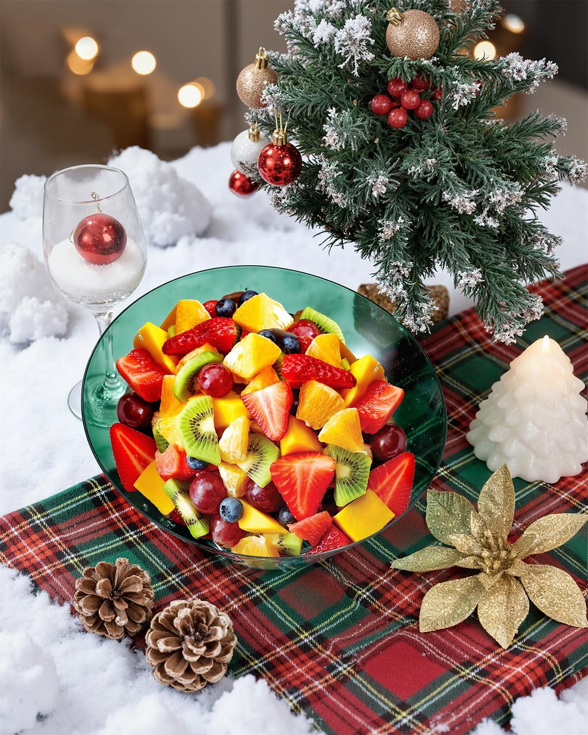 bUCLA 12 Pack Clear Green Plastic Serving Bowls - 54 OZ Christmas Angled Serving Bowls Disposable for Chip, Candy, Salad & Fruit - Ideal for X’mas Party