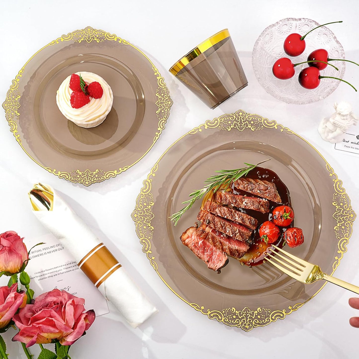 350 PCS Black and Gold Plastic Plates, Disposable Dinnerware Set for 50 Guests, 100 Disposable Plates, 150 Silverwares, 50 Cups, 50 Napkins for Wedding, Party, Graduation