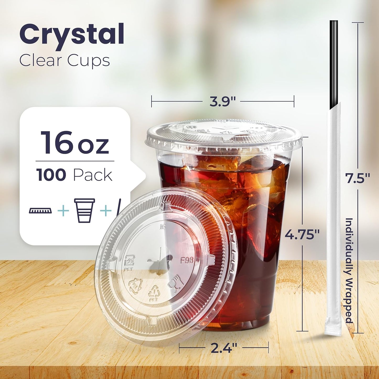 Fit Meal Prep 100 Pack 16 oz Plastic Iced Coffee Cups with Flat Lids and Black Straws, Disposable Clear Cup, BPA Free Cup for Party, Smoothie, Cold Drinks, Juice, Milkshake, Bubble Boba, Tea