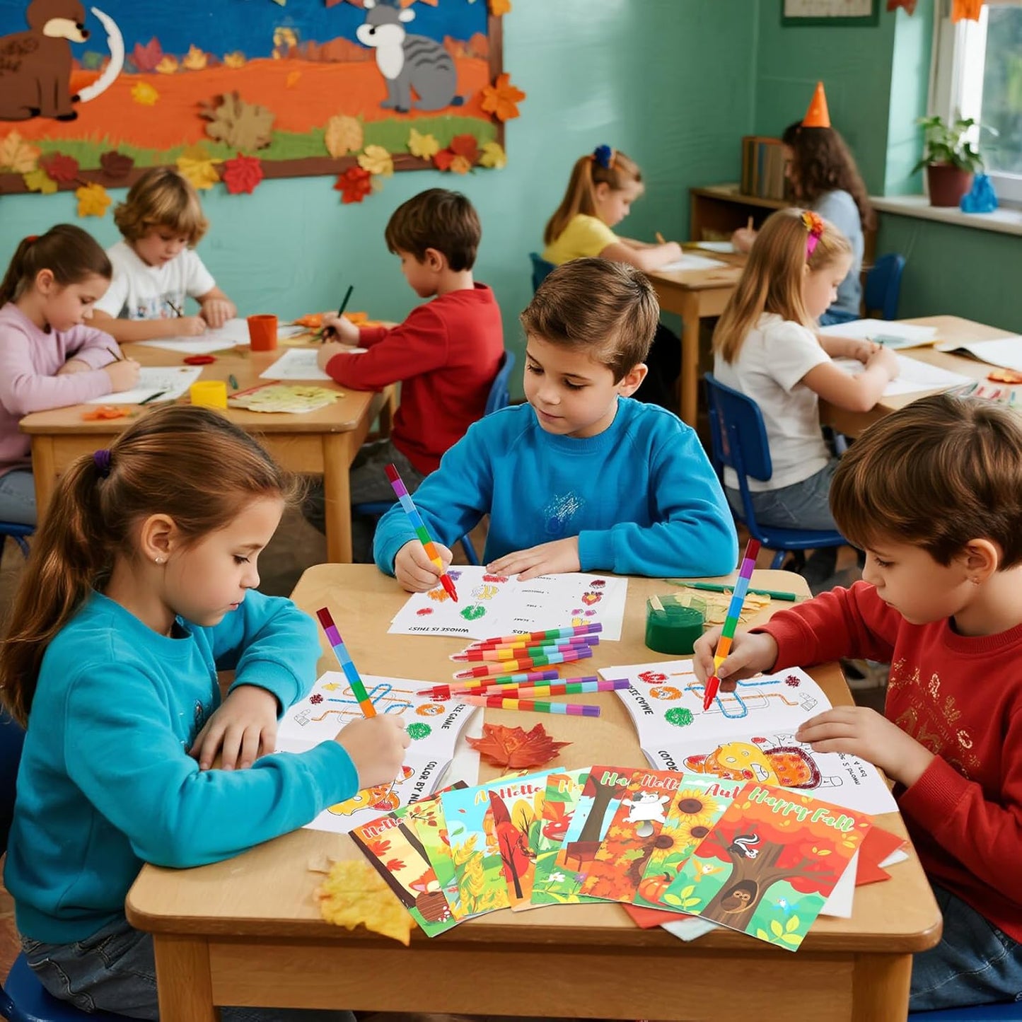 BenLouis 24 Fall Mini Activity Books with 24 Crayons for Kids ages 4-8-16 Autumn Party Favors Bulk Different Brain Game for Classroom Travel Craft Activities Thanksgiving Goodie Bag Gift Stuffer