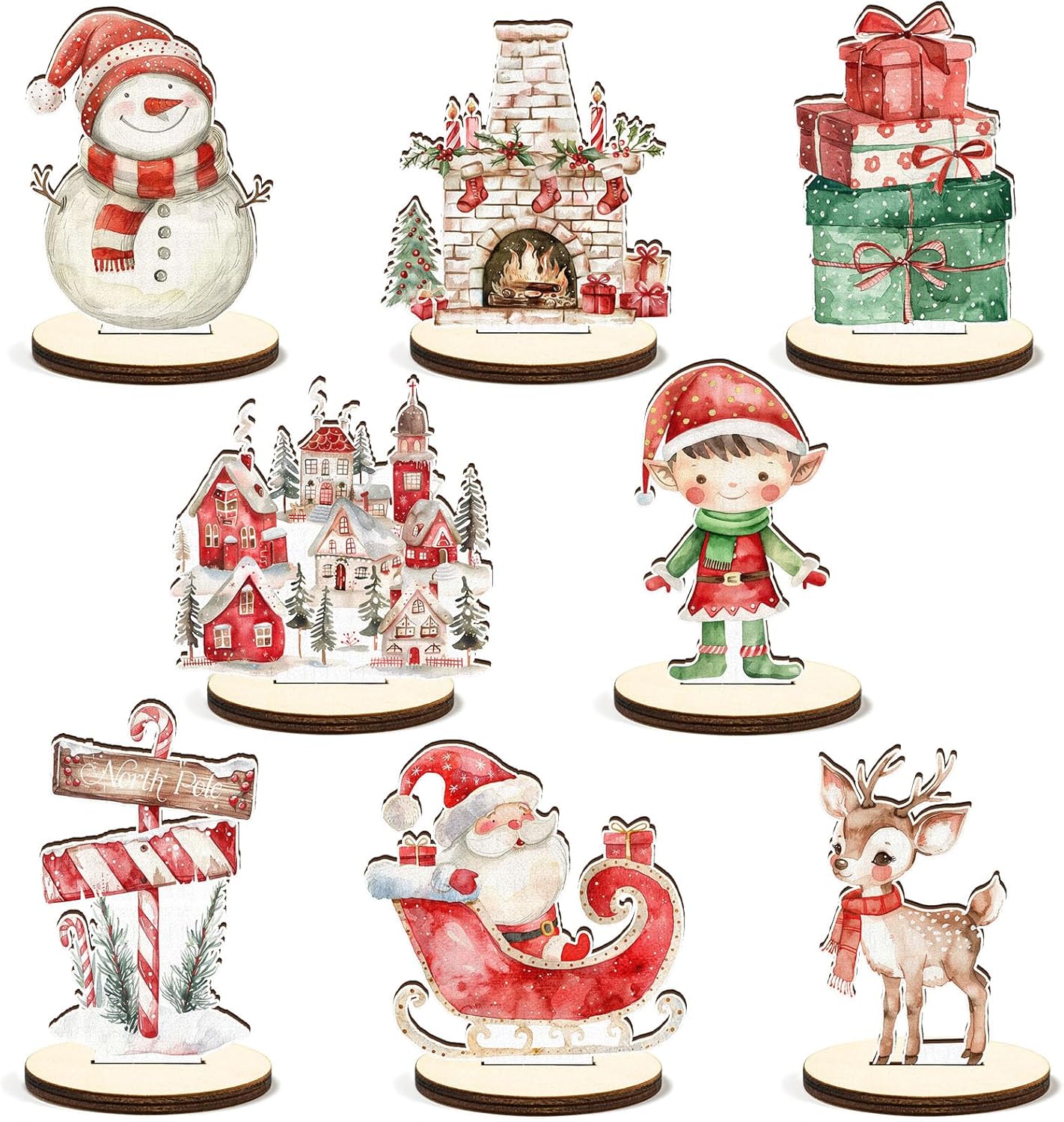 16 Pcs Wooden Classic Christmas Table Centerpiece Vintage Watercolor Xmas Tabletop Detachable Sign Farmhouse Snowman Deer Santa Table Toppers Display Decor Birthday Photo Props Party Favor Supplies