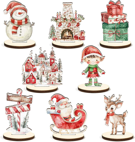 16 Pcs Wooden Classic Christmas Table Centerpiece Vintage Watercolor Xmas Tabletop Detachable Sign Farmhouse Snowman Deer Santa Table Toppers Display Decor Birthday Photo Props Party Favor Supplies