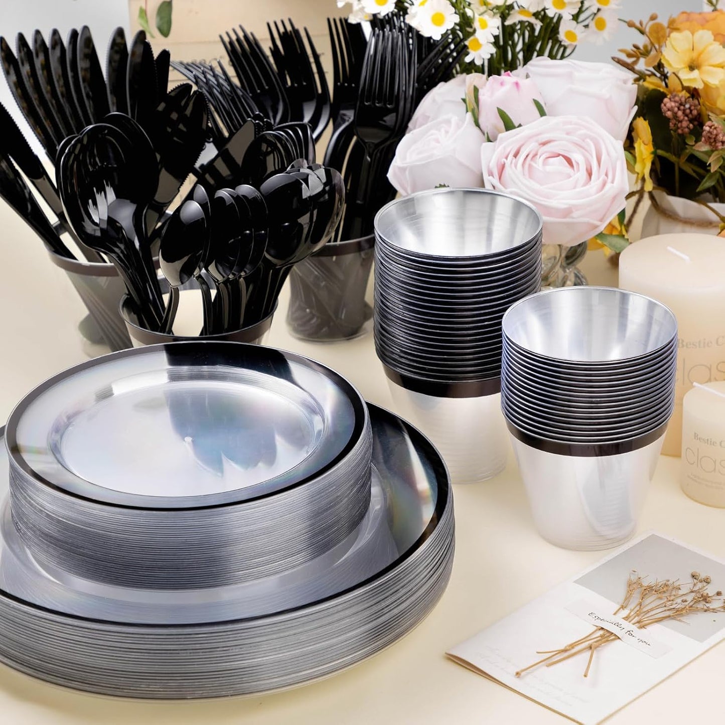 350PCS Black and Clear Plastic Dinnerware Sets for 50 Guests, Include 100 Black Disposable Plates, 100 Forks, 50 Knives, 50 Spoons, 50 Cups,Halloween