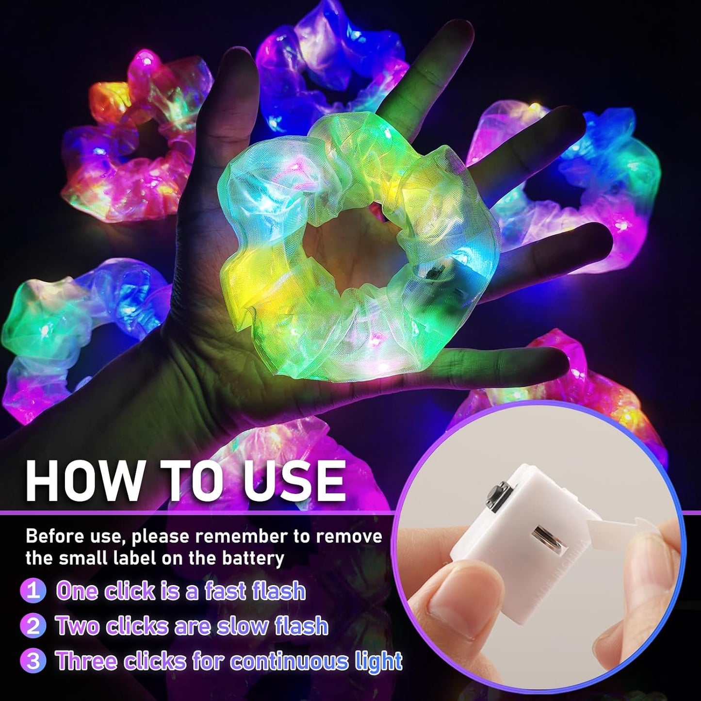 8 Pcs Light Up Mermaid Scrunchies, LED Hair Scrunchy for Girl & Women, Multi Light Modes, Glow in the Dark Accessories for Rave Neon Slumber Party