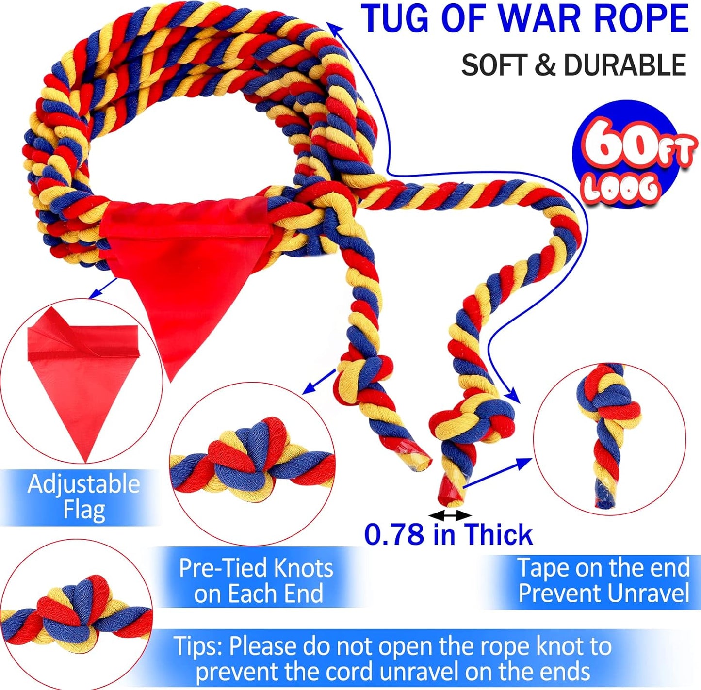 Tug of War Rope 60FT Outdoor Yard Games for Kids and Adults, Field Day Family Reunion Birthday Party Games,Carnival Game, Outside Backyard Lawn Yard Games Fun for Team Building Activities, Tricolor