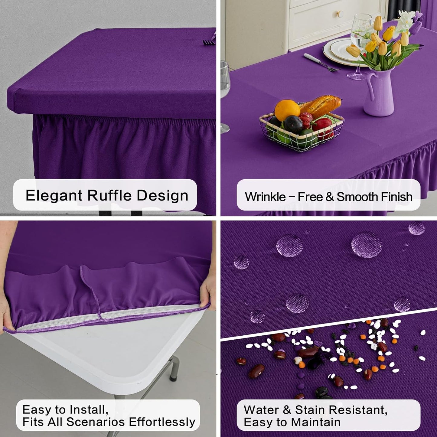 8ft Purple Stretch Tablecloth for Rectangular Tables - Flared Wrap Design, Waterproof, Wrinkle-Resistant, Washable - Ideal for Weddings, Parties, Banquets & Table Protection