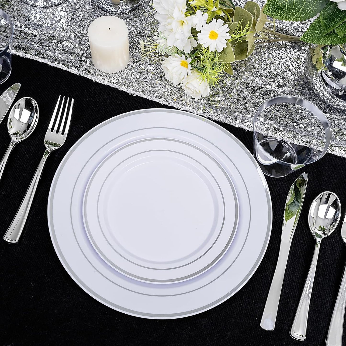 bUCLA 600pcs Silver Plastic Dinnerware Set for 100 Guests - Silver Christmas Dinnerware Set Disposable for Party - Include 100 Dinner Plates,100 Dessert Plates,100Cups,100 Knives,100 Forks,100 Spoons