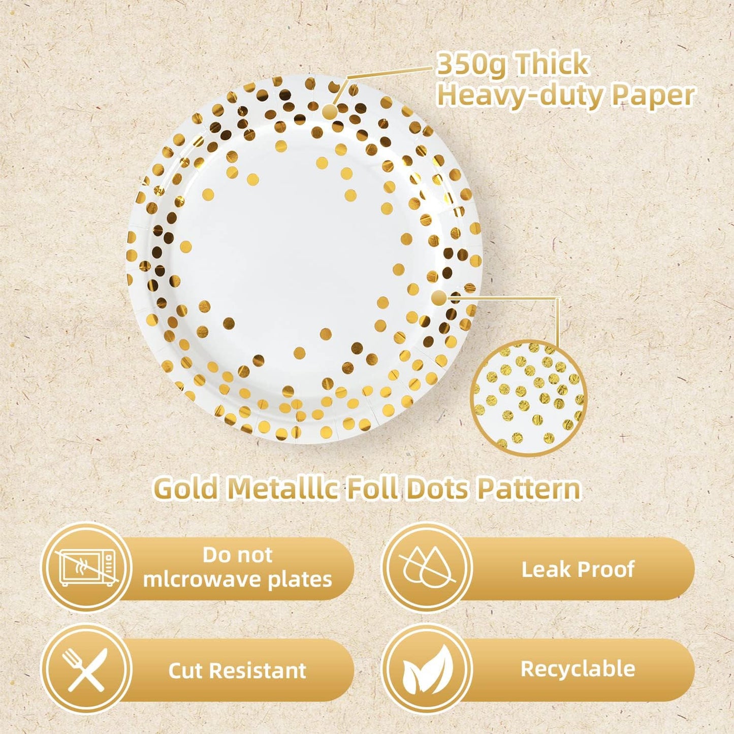 White and Gold Plates and Napkins -100 x 7inch Paper Plates & 100 x 6.5inch Napkins,White Paper Plate for Cake,Dessert,Great for Weddings,Birthdays,Bridal Parties,All Occasions(200 PCS)