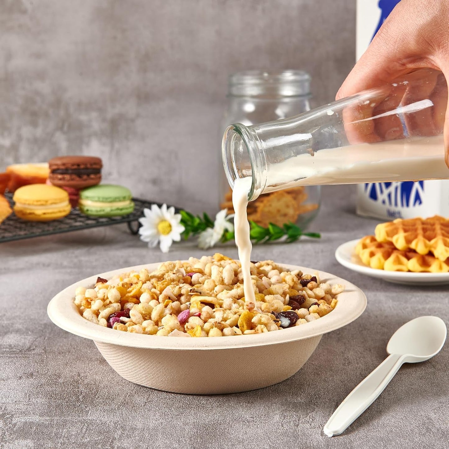 ECOLipak 150 Pack Compostable Disposable Paper Bowls, 12 OZ Bagasse Heavy duty Biodegradable Eco Friendly Sugarcane Soup Bowls for Salad Dessert(Nature)