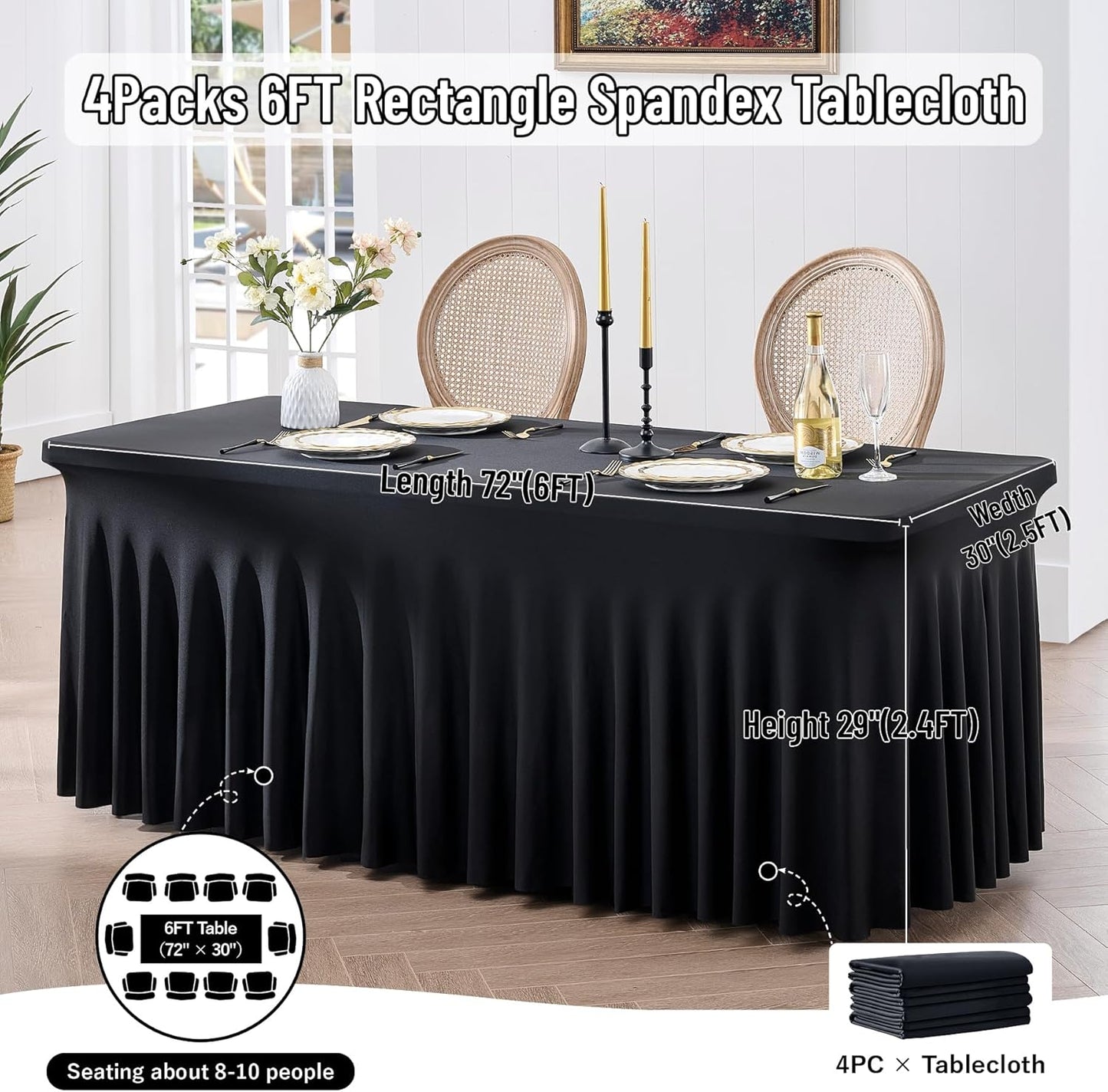 leegleri 4 Pack Black Spandex Table Cloths for 6 Foot Rectangle Tables, Wrinkle Free Stretch Fitted Tablecloths 6ft, Black Banquet Tablecloth with Skirt for Parties Weddings Birthday