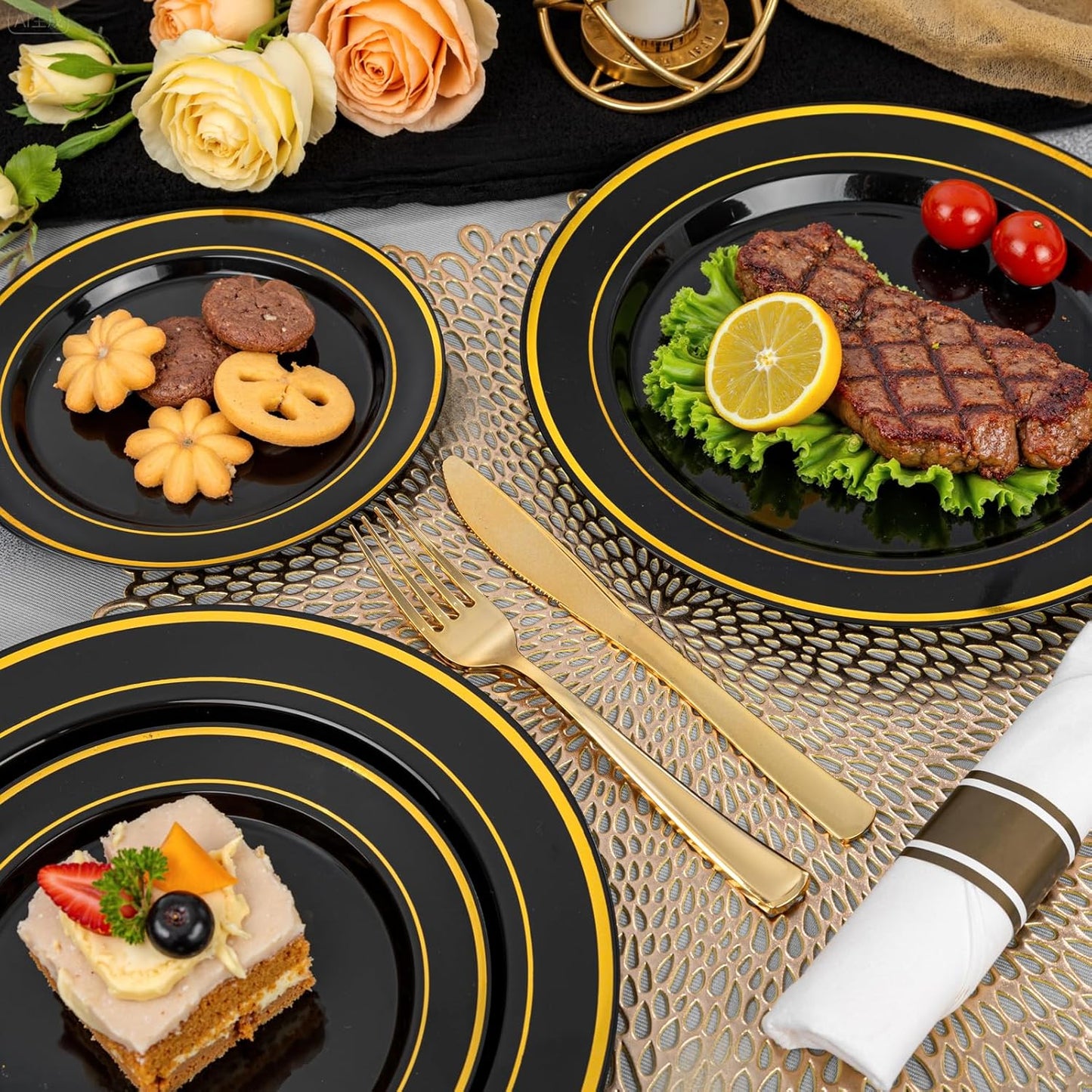 175PCS Black and Gold Plates - Black Disposable Plates for Party - 25Guests Disposable Dinnerware Set for New Year/Wedding