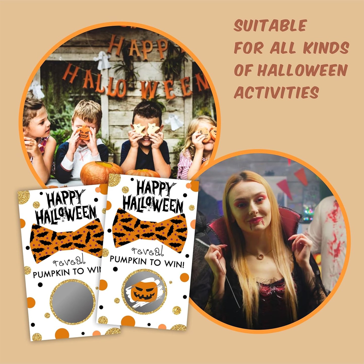 3.5" x 2.1" Halloween Themed Scratch Cards - 40 Happy Halloween Bat Bowtie Game Cards - Horror Party, Theme Party, Wedding Bridal Party and Raffle - A02
