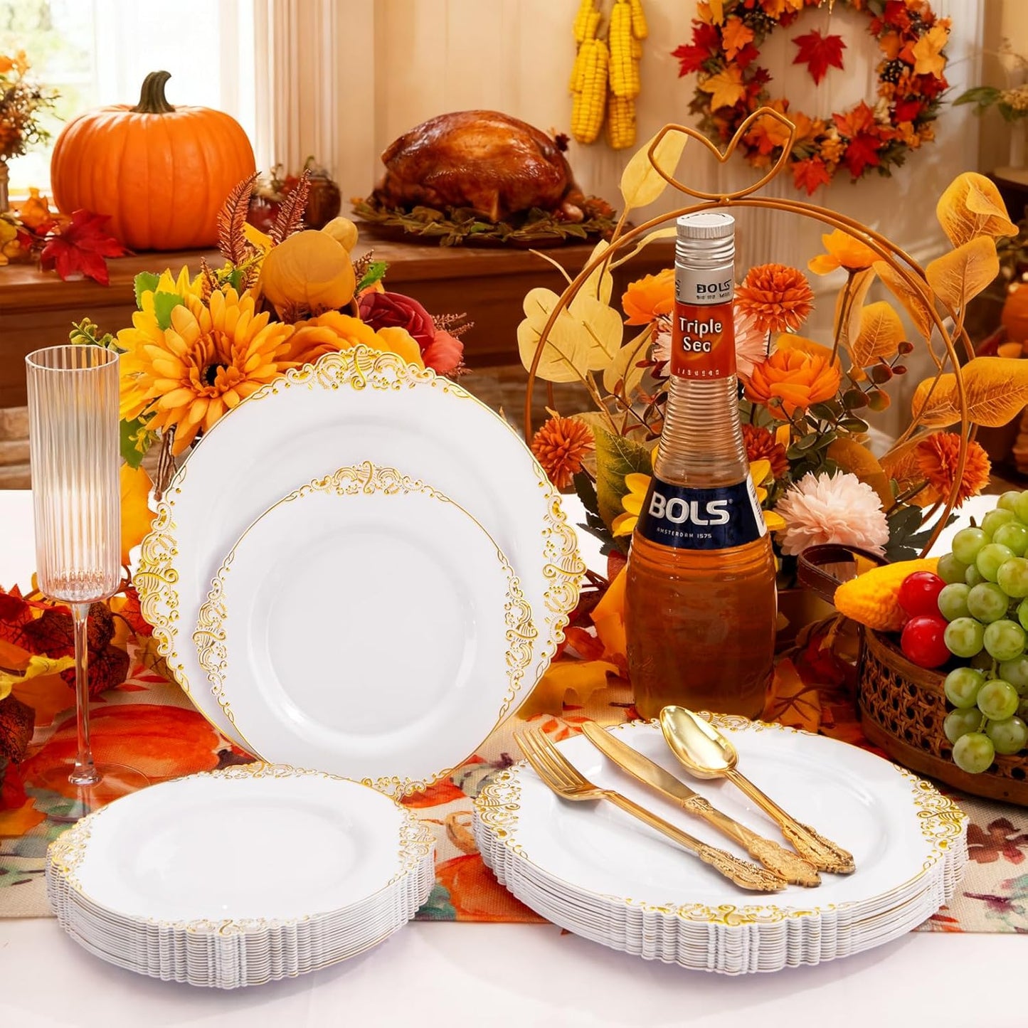 125PCS White and Gold Plastic Plates - Gold Disposable Plates with Plastic Silverware - Vintage Disposable Dinnerware Set for 25 Guests for Christmas Parties, Thanksgiving