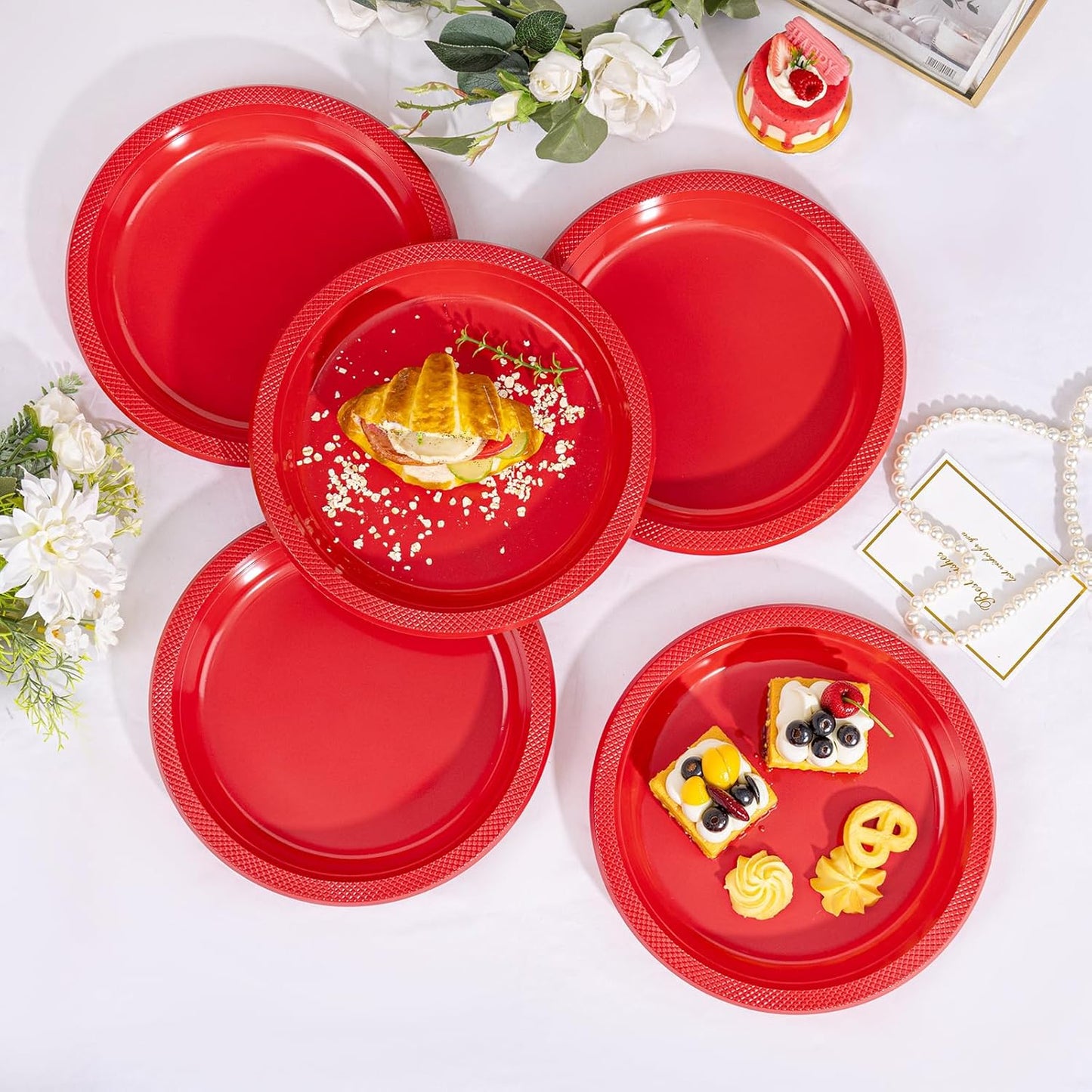 WELLIFE Red Party Plates 10 Inch -150 Count, Plastic Disposable Plates for Dinner Party Easter Mother's Day