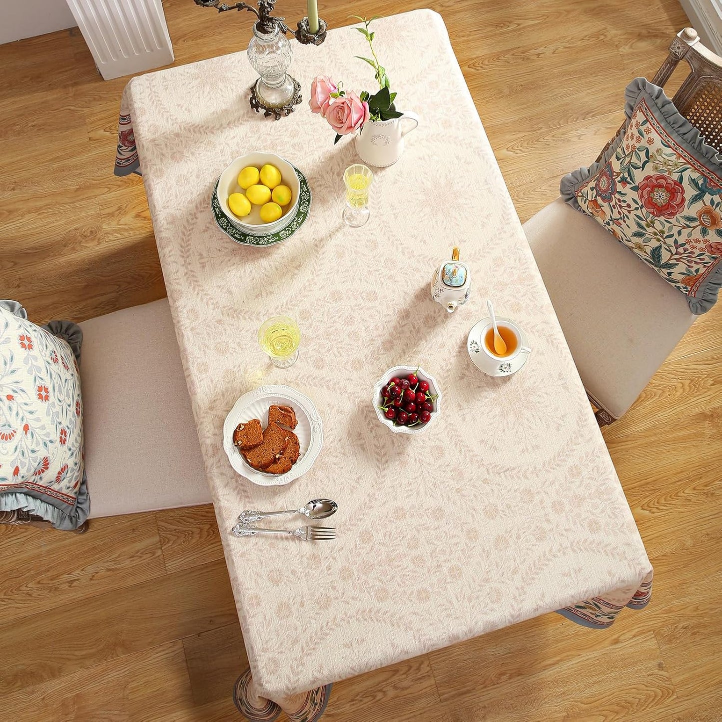 Beige Linen Rectangle Extra Long Tablecloth,Vintage Indian Style Soft and Colorfast Floral Tablecloths,Decor Table Cover for Kitchen,Dining,Thanksgiving,67"*118"-Flowershadow E