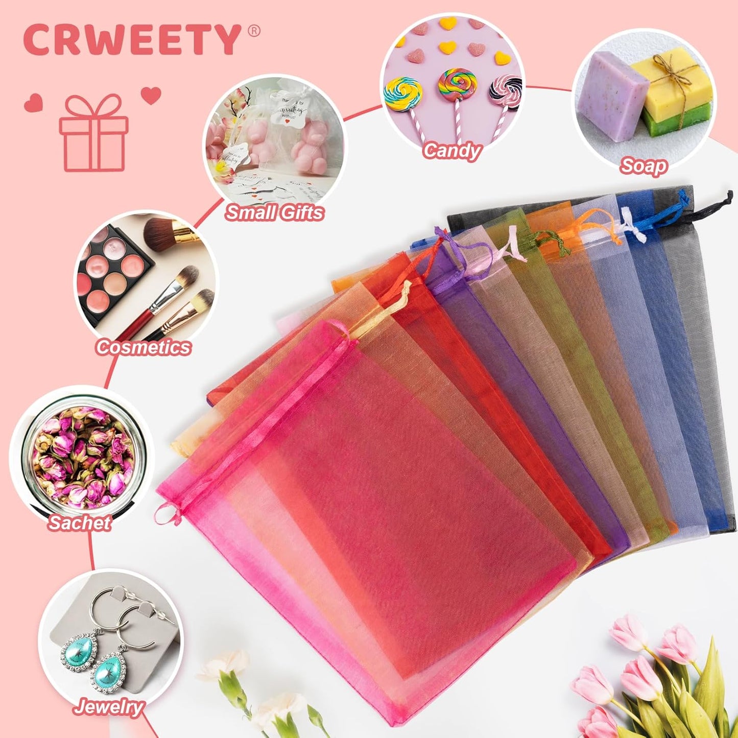 Crweety 50 Pack White Organza Bags 5x7 Inch, Small Mesh Gift Bags for Jewelry Sachet, Elegant Small Mesh Bag Drawstring for Candy Wedding Party Favor, Bridal Shower, Baby Shower & Christmas Gifts