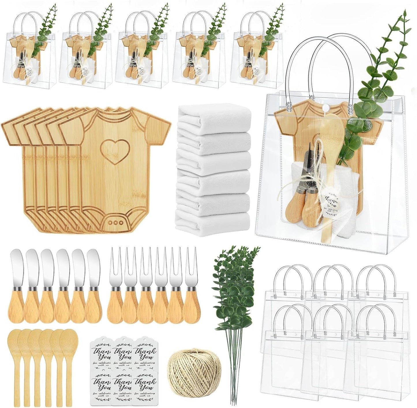 AZEAM 55Pcs Baby Shower Prizes for Game Winners, Bridal Shower Prizes with 6 Sets Clothes Cheese Board Spoon Fork Butter Knife Towel Card Plastic Bag Branch, Wedding Shower Favors for Guests