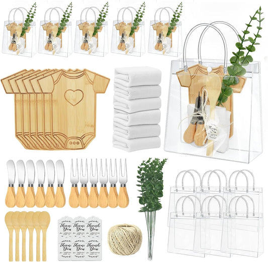 AZEAM 55Pcs Baby Shower Prizes for Game Winners, Bridal Shower Prizes with 6 Sets Clothes Cheese Board Spoon Fork Butter Knife Towel Card Plastic Bag Branch, Wedding Shower Favors for Guests