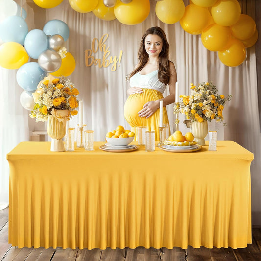 PARTISKY Golden Spandex Tablecloth for 8ft Rectangle Tables, Stretchable Table Cover Skirt for Folding Tables Weddings Parties Banquets Events Trade Shows and Dessert Table