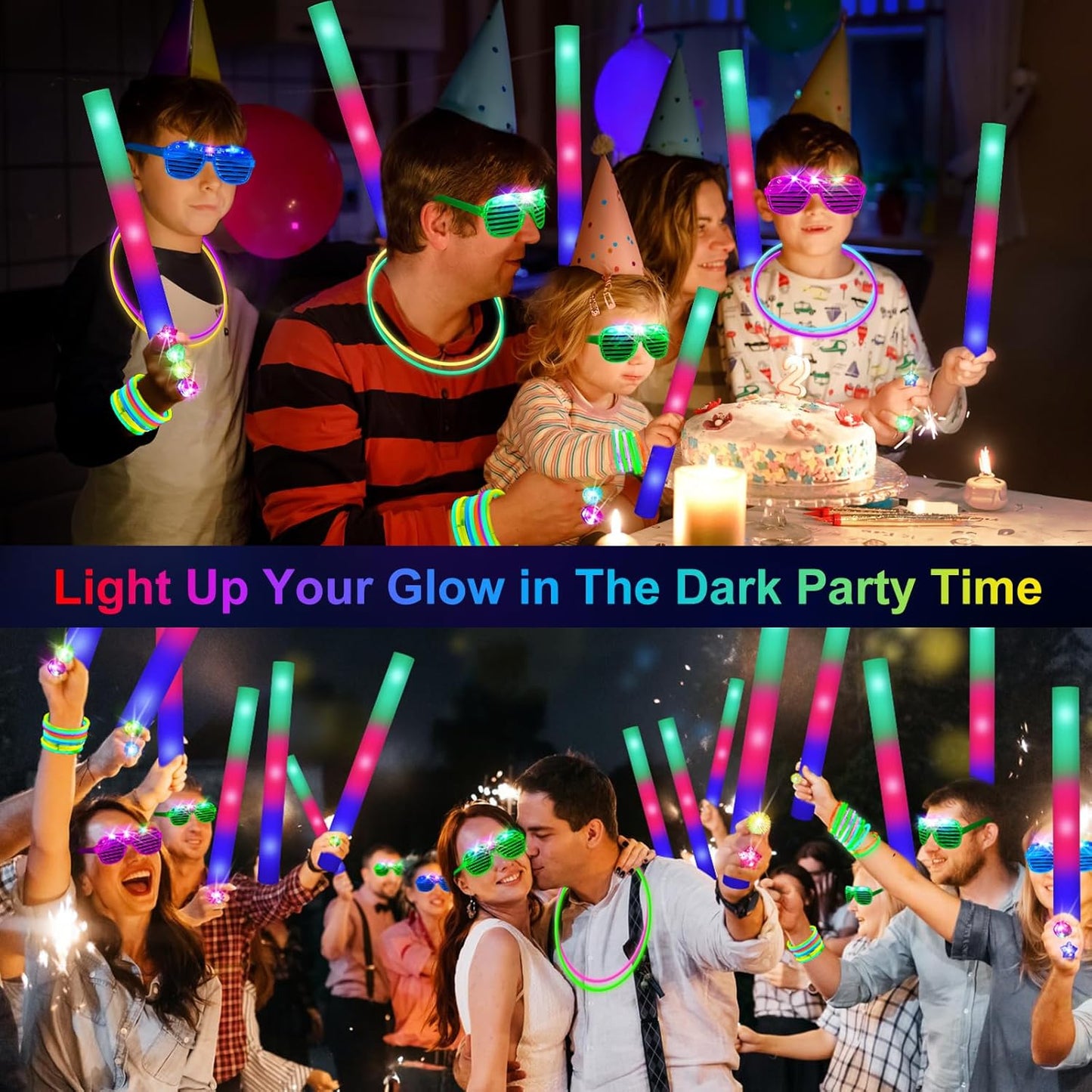 150 PCS Glow in the Dark Party Supplies, 16 Foam Sticks, 16 LED Glasses, 100 Glow Sticks and 18 Finger Lights for Neon Party, Wedding, Birthday, Concert, New Year, Carnivals, Raves