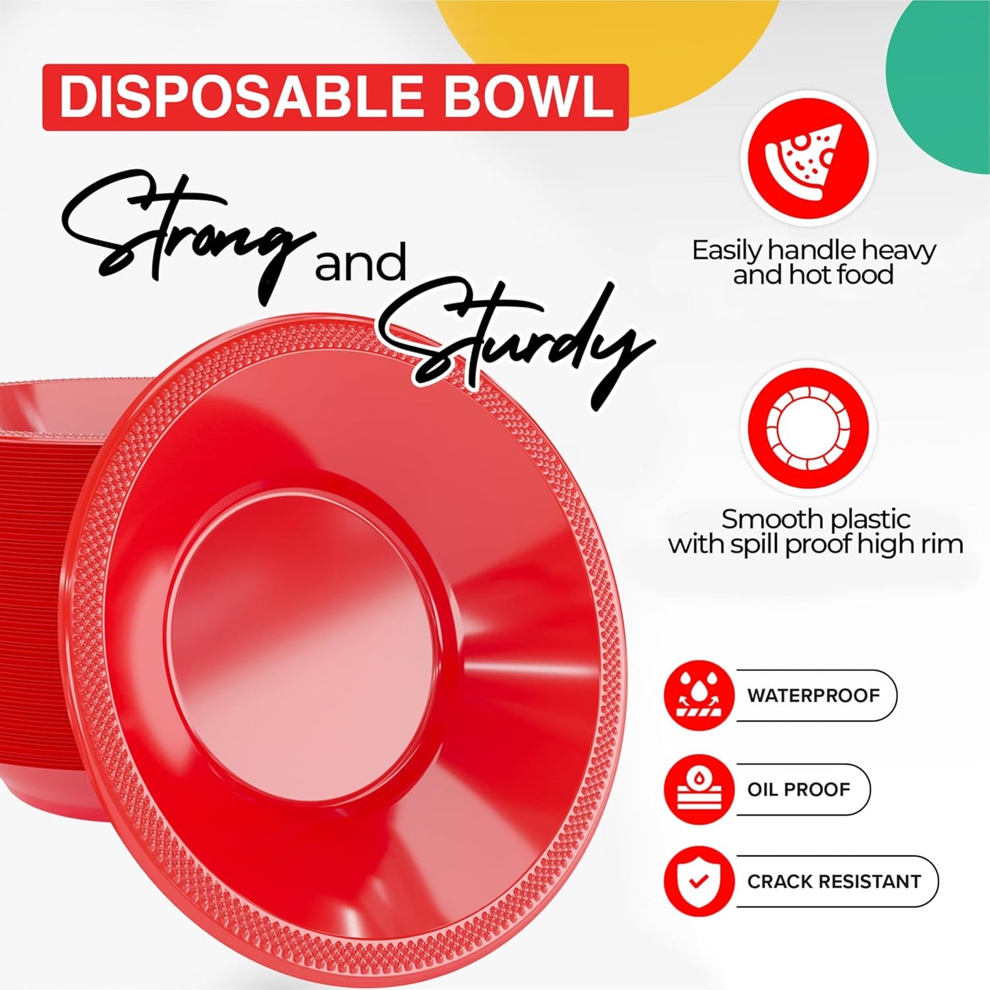 12 Oz Red Plastic Bowls Disposable Bowls for Hot Food Soup 50 Pcs - For Soup, Salad, Cereal, Desserts & Party Supplies