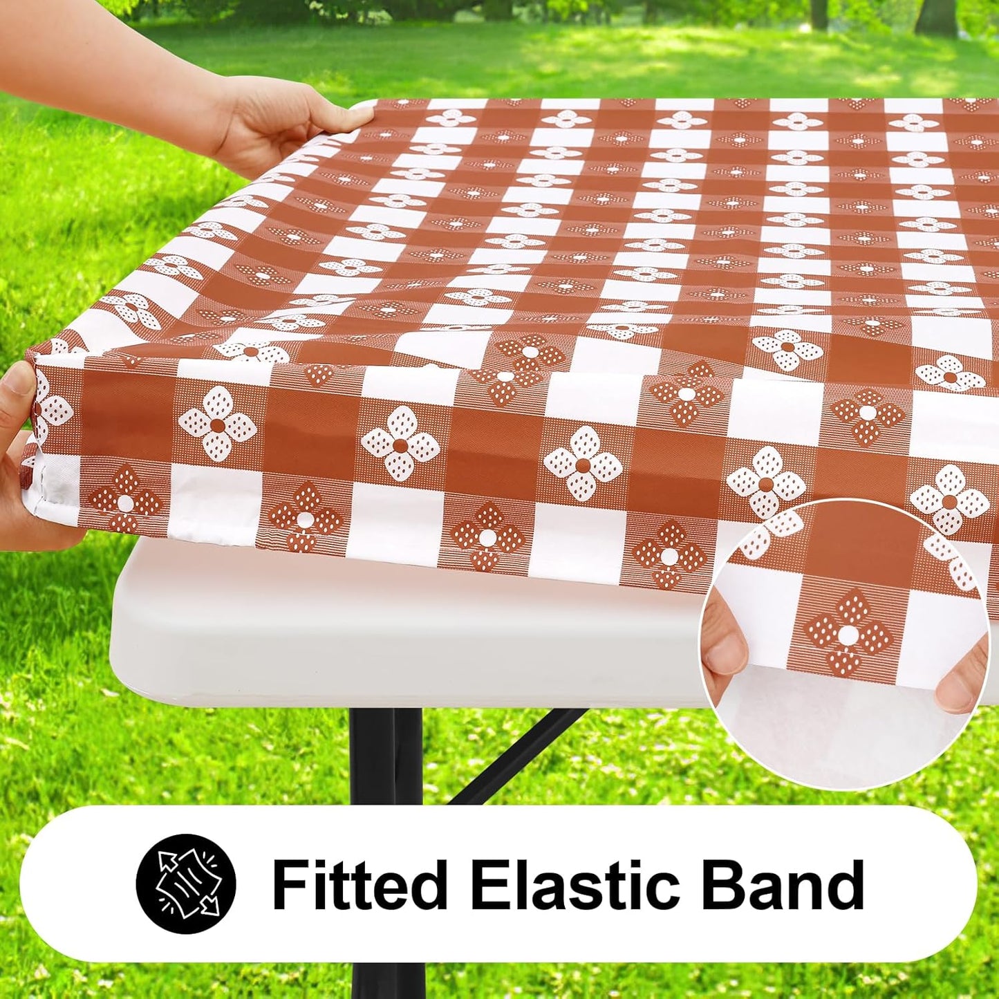 Rectangle Vinyl Table Cloth, Waterproof Elastic Fitted Tablecloth with Flannel Backing, Plastic Table Cover for Picnic, Camping, Outdoor (Rust & White, 30"x72")