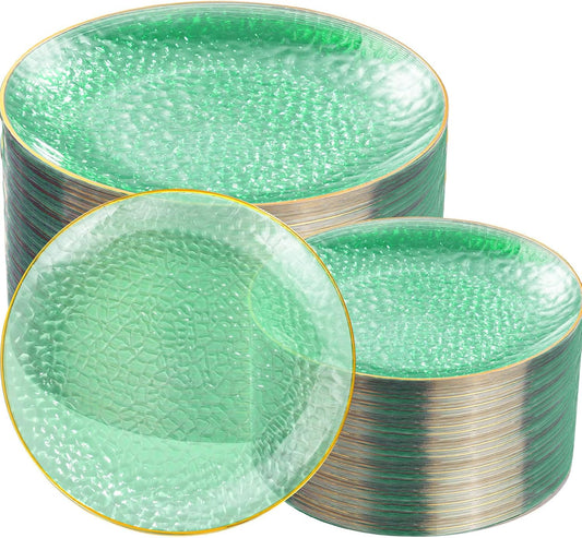 Rubtlamp 100 Clear Green Gold Plastic Plates, Hammered Clear and Gold Disposable Plates Include 50 Dessert Platos, 50 Dinner Platos for Party