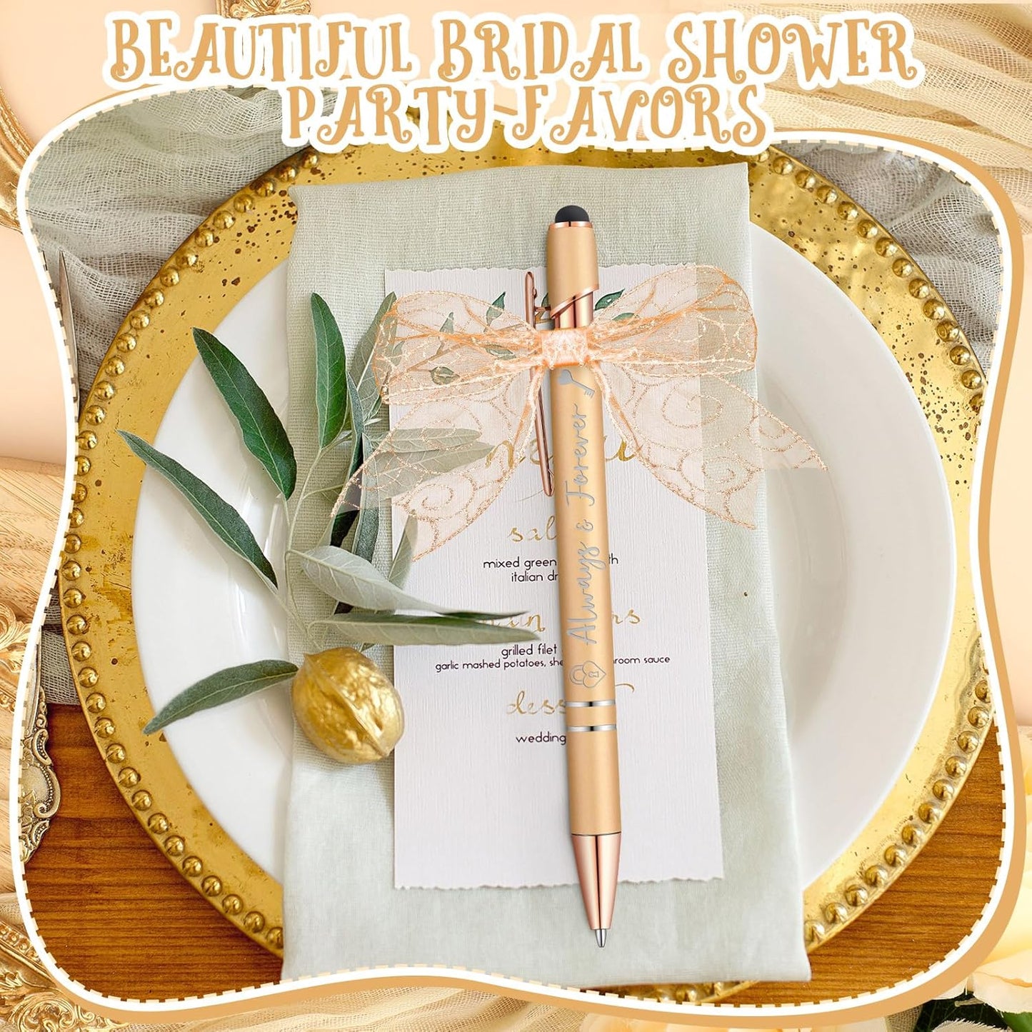 Kisston 36 Pcs Wedding Pens Bulk Bridal Shower Pens Favors Bachelorette 6 Styles Retractable Ballpoint Wedding Favors Supplies for Guest Game Office(Champagne)