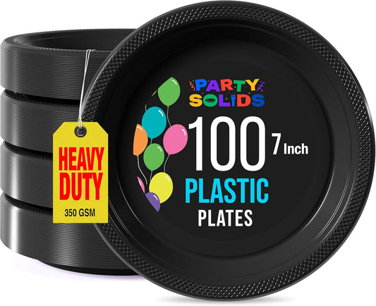 Exquisite Party Solids Black Plastic Plates For Party 7" Black Disposable Plates Heavy Duty 100 Pcs Plastic Dinnerware Sets Heavy Duty 350 GSM Disposable Dinnerware Set