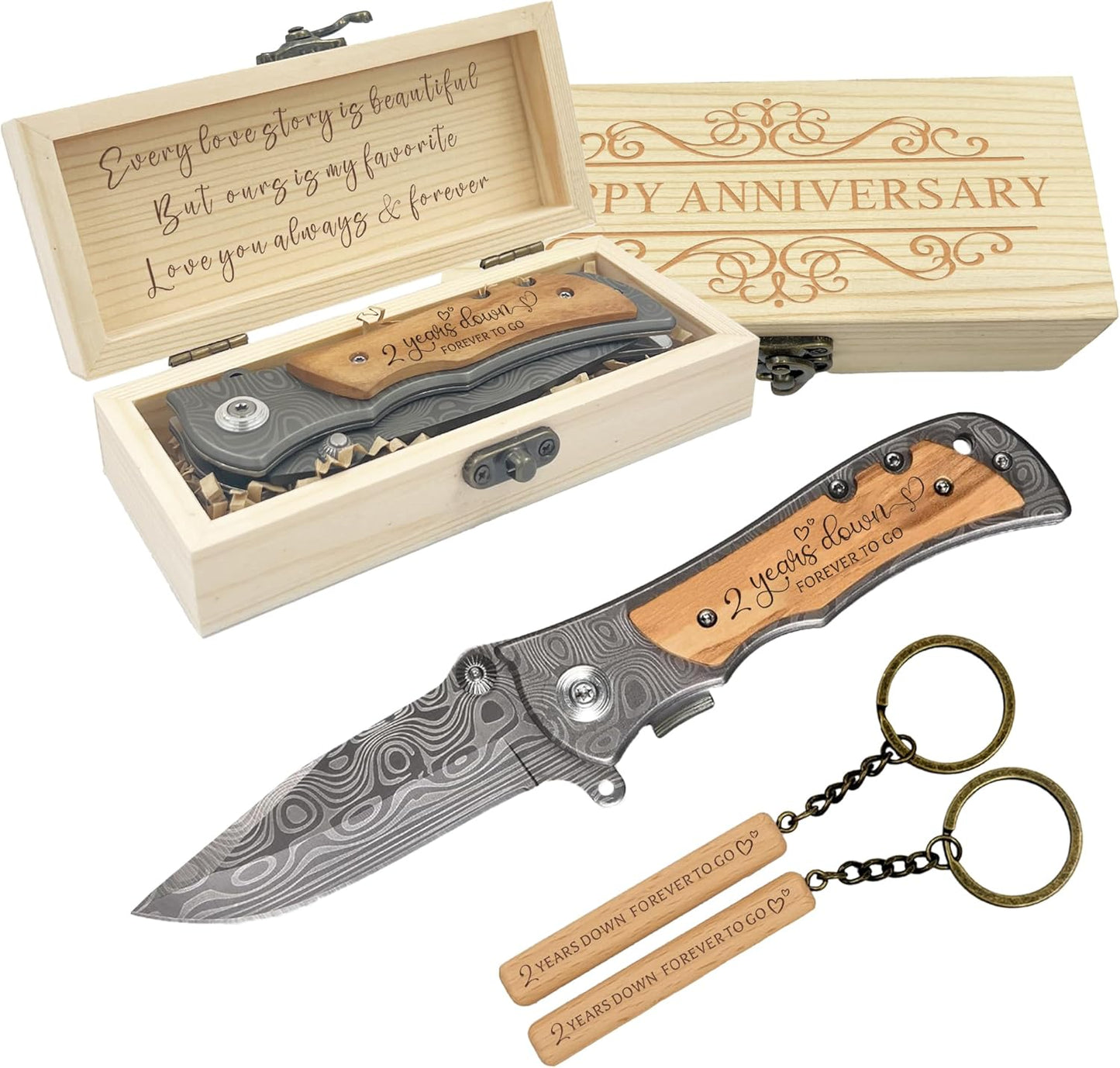 2 Year Anniversary Boyfriend Gifts for Him, 2 Year Wedding Anniversary Keepsake for Men, 2nd cotton wedding Anniversary Engraved Knife with Wood Box, 2nd Anniversary Marriage Presents for Husband